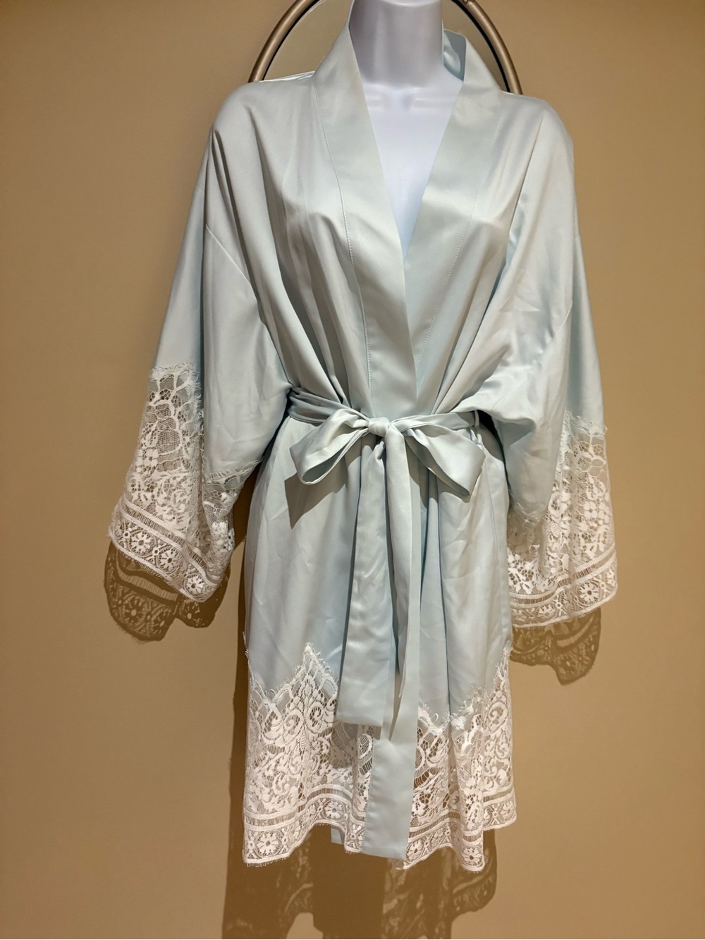 Flora Nikrooz Mint Green Satin Robe with Antique White Lace Trim Medium